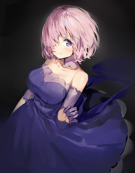 Anime picture 1800x2300 with fate (series) fate/grand order mash kyrielight silver (chenwen) single tall image looking at viewer blush fringe highres short hair breasts simple background smile large breasts standing purple eyes bare shoulders pink hair hair over one eye