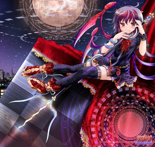 Anime picture 2000x1901 with touhou houjuu nue namamo nanase highres short hair red eyes purple hair girl thighhighs weapon wings staff