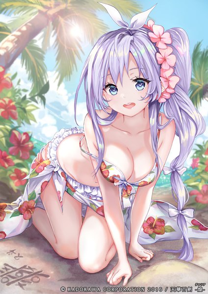 Anime picture 700x990 with tenka hyakken kousetsu samonji (tenka hyakken) pisuke single long hair tall image looking at viewer blush fringe breasts open mouth blue eyes light erotic hair between eyes payot sky cleavage purple hair cloud (clouds) outdoors