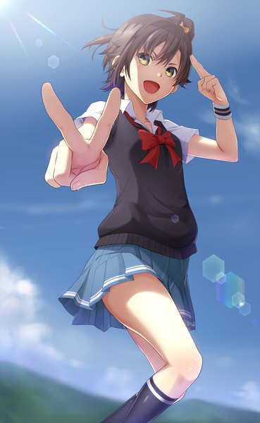 Anime picture 1000x1623 with original seirei911 single tall image looking at viewer short hair open mouth black hair yellow eyes sky cloud (clouds) girl skirt uniform school uniform socks black socks