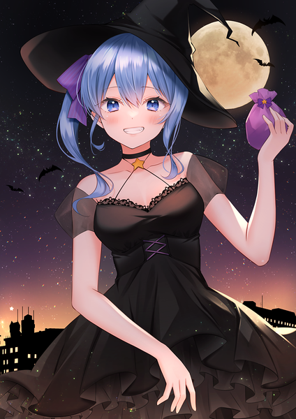 Anime picture 1179x1667 with virtual youtuber hololive hoshimachi suisei haruhitooo single long hair tall image looking at viewer fringe blue eyes smile hair between eyes blue hair grin side ponytail halloween girl dress hat animal