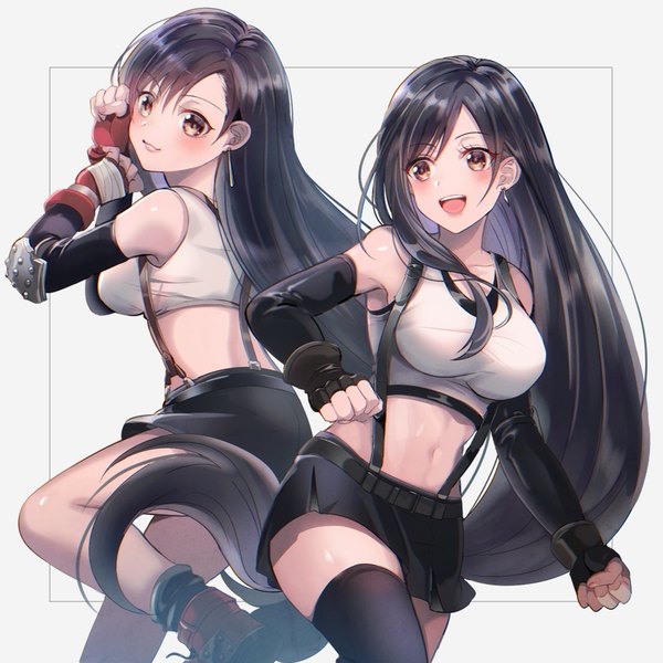 Anime picture 1120x1120 with final fantasy final fantasy vii square enix tifa lockhart onk (kkkarb) looking at viewer blush fringe breasts open mouth light erotic black hair simple background smile large breasts standing bare shoulders brown eyes very long hair :d