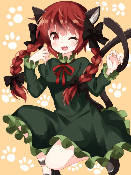 Anime picture 1000x1333 with touhou kaenbyou rin ruu (tksymkw) single long hair tall image looking at viewer blush open mouth simple background red eyes twintails animal ears red hair tail braid (braids) long sleeves animal tail one eye closed cat ears