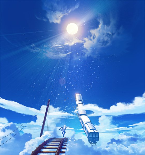 Anime picture 794x850 with original mocha (cotton) single tall image sky cloud (clouds) sunlight outstretched arm flying sunbeam running boy sun power lines train railways railroad tracks
