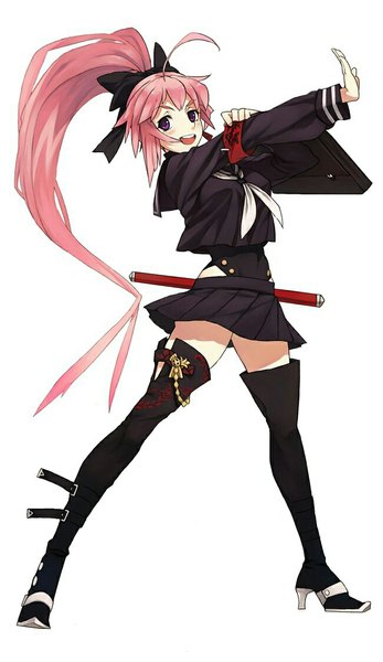 Anime picture 650x1122 with original penguin caee single long hair tall image looking at viewer blush highres open mouth simple background smile white background purple eyes pink hair ahoge ponytail high heels zettai ryouiki girl thighhighs