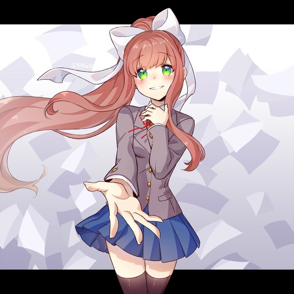 Anime picture 1000x1000 with doki doki literature club monika (doki doki literature club) nan (gokurou) single long hair looking at viewer blush fringe smile brown hair standing green eyes signed payot ponytail blunt bangs long sleeves head tilt pleated skirt zettai ryouiki