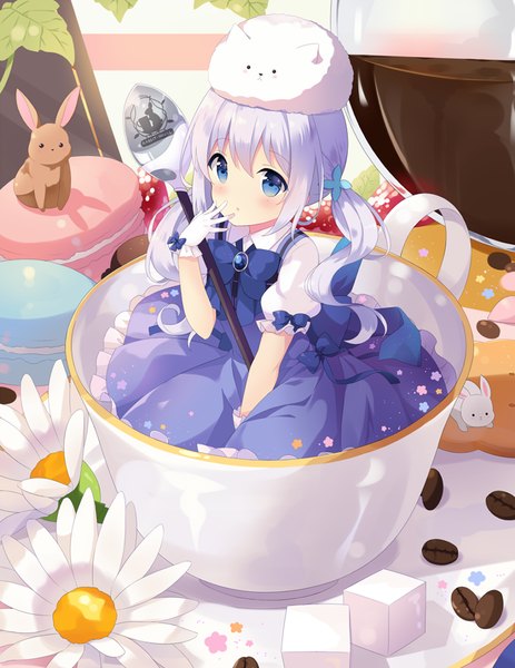 Anime picture 811x1050 with gochuumon wa usagi desu ka? white fox kafuu chino tippy (gochiusa) hitsukuya single long hair tall image blush blue eyes blue hair animal on head girl dress gloves flower (flowers) animal food white gloves sweets