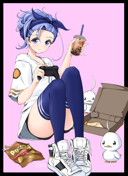 Anime picture 1236x1700 with original minah (chaesu) chaesu single tall image looking at viewer short hair blue eyes light erotic signed blue hair border pink background convenient leg :t girl thighhighs animal food shorts
