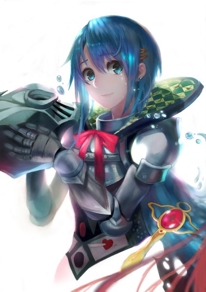 Anime picture 1000x1422 with mahou shoujo madoka magica shaft (studio) miki sayaka s a~ single tall image looking at viewer short hair blue eyes simple background white background blue hair girl gloves hair ornament earrings hairclip armor helmet teardrop