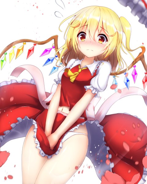 Anime picture 1000x1250 with touhou flandre scarlet ymd (holudoun) single long hair tall image blush light erotic simple background blonde hair white background orange eyes embarrassed one side up looking down upskirt hat removed covering crotch girl skirt