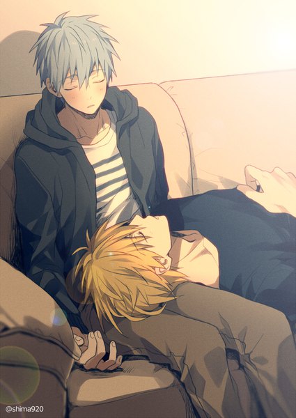 Anime picture 600x847 with kuroko no basket production i.g kuroko tetsuya kise ryouta mashima shima tall image blush fringe short hair blonde hair hair between eyes sitting signed blue hair lying eyes closed fingernails multiple boys couple sleeping