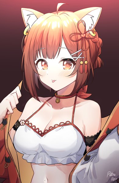 Anime picture 1868x2868 with virtual youtuber nijisanji ratna petit syhan single tall image highres short hair breasts simple background brown hair large breasts brown eyes animal ears cleavage upper body ahoge cat ears gradient background girl