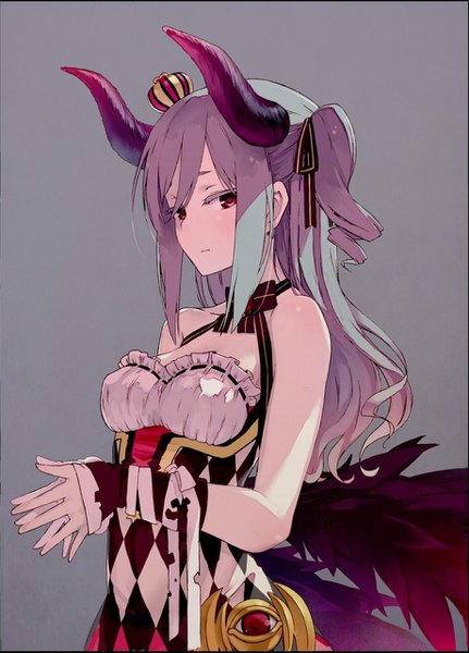 Anime picture 920x1280 with idolmaster idolmaster cinderella girls granblue fantasy kanzaki ranko sakura akami single long hair tall image looking at viewer blush fringe simple background red eyes bare shoulders horn (horns) grey hair grey background expressionless hands clasped awakened devil lord