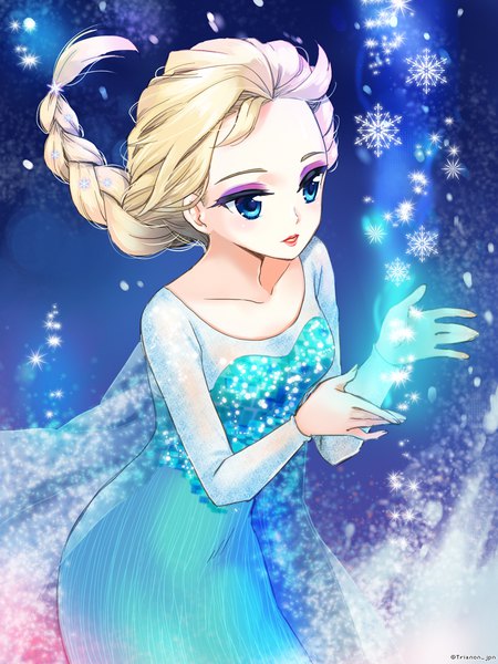 Anime picture 900x1200 with frozen (disney) disney elsa (frozen) trianon single long hair tall image blue eyes blonde hair looking away braid (braids) lipstick magic single braid eyeshadow red lipstick makeup girl dress snowflake (snowflakes)