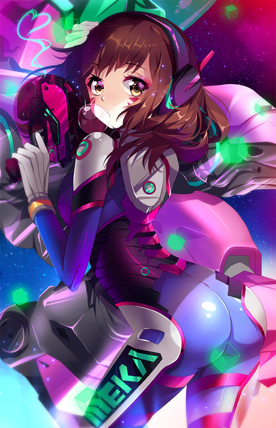 Anime picture 809x1250 with overwatch blizzard entertainment d.va (overwatch) meka (overwatch) squchan single long hair tall image looking at viewer fringe breasts light erotic smile brown hair standing holding brown eyes ass looking back night