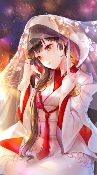 Anime picture 1950x3508 with azur lane takao (azur lane) takao (sakura hanami) (azur lane) irisrey single long hair tall image fringe highres brown hair sitting yellow eyes looking away traditional clothes head tilt japanese clothes light smile night wide sleeves night sky