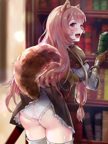 Anime picture 900x1200 with tate no yuusha no nariagari kinema citrus raphtalia avara single long hair tall image looking at viewer blush fringe breasts open mouth light erotic smile red eyes brown hair standing holding animal ears ass