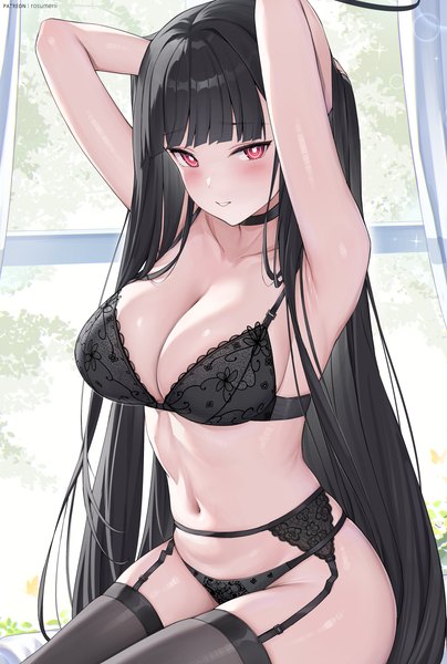 Anime picture 2419x3591 with blue archive rio (blue archive) rosumerii single long hair tall image looking at viewer blush fringe highres breasts light erotic black hair red eyes large breasts signed cleavage blunt bangs parted lips arms up