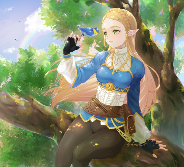 Anime picture 1391x1264 with the legend of zelda the legend of zelda: breath of the wild nintendo princess zelda dororon1 single long hair blonde hair sitting green eyes signed looking away outdoors braid (braids) wind pointy ears arm support twitter username crown braid bird on hand