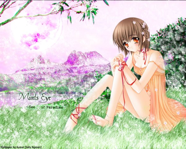 Anime picture 1280x1024 with carnelian ayasal single looking at viewer blush fringe short hair brown hair sitting bare shoulders signed payot sky full body bent knee (knees) outdoors head tilt barefoot hair flower inscription
