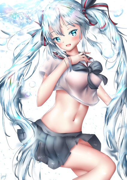 Anime-Bild 2896x4096 mit vocaloid hatsune miku bottle miku dicedkey single tall image looking at viewer blush fringe highres breasts open mouth light erotic hair between eyes standing twintails payot bent knee (knees) very long hair :d