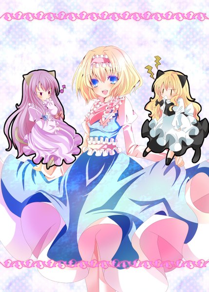 Anime picture 1000x1399 with touhou kirisame marisa patchouli knowledge alice margatroid nanase nao tall image blush short hair open mouth blue eyes blonde hair animal ears purple hair cat ears chibi solid eyes girl dress frills hairband