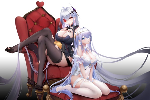 Anime picture 7200x4800 with azur lane manjuu (azur lane) emden (azur lane) liu liaoliao looking at viewer blush fringe highres breasts open mouth blue eyes light erotic smile hair between eyes red eyes large breasts sitting multiple girls signed absurdres