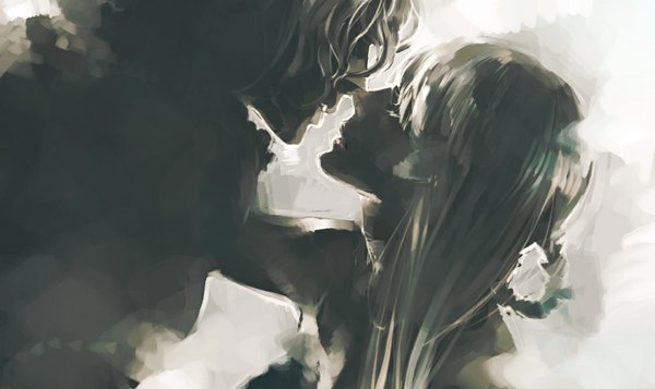 Anime picture 1121x668 with nier kaine (nier) nier (old) npn long hair short hair wide image profile couple monochrome silhouette almost kiss girl boy