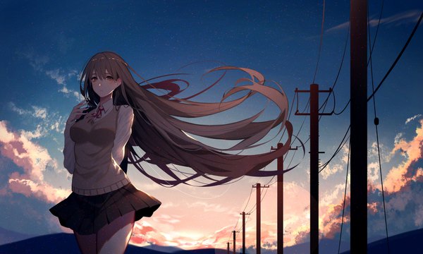 Anime picture 2000x1200 with original kisui single long hair looking at viewer blush fringe highres breasts hair between eyes brown hair wide image standing brown eyes sky cloud (clouds) outdoors long sleeves parted lips pleated skirt
