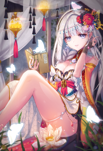 Anime picture 1022x1500 with qurare: magic library snow is single long hair tall image looking at viewer fringe breasts light erotic sitting holding signed cleavage silver hair blunt bangs braid (braids) light smile watermark adjusting hair silver eyes