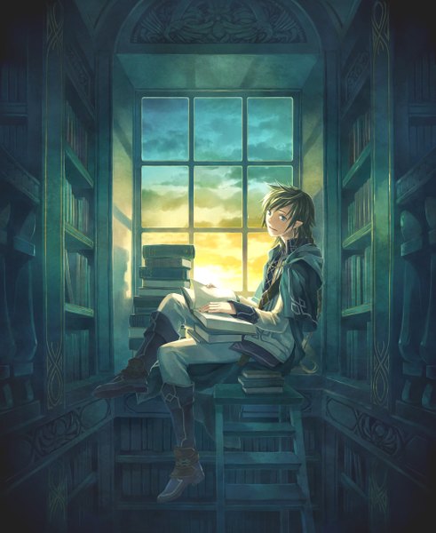 Anime picture 1000x1222 with original minami seira single long hair tall image looking at viewer blue eyes sitting sky cloud (clouds) indoors braid (braids) green hair light smile pointy ears morning sunrise boy window book (books)