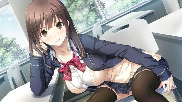 Anime picture 1280x720 with haru kiss giga shiraishi aoi mikoto akemi single long hair looking at viewer blush breasts light erotic smile brown hair wide image large breasts sitting brown eyes game cg sky cloud (clouds) pleated skirt