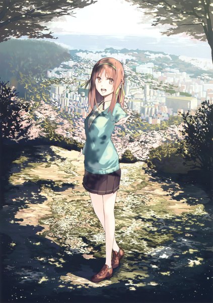Anime picture 2328x3300 with original eshi 100-nin ten la-na single long hair tall image looking at viewer highres brown hair brown eyes pleated skirt scan city outstretched hand scenic girl skirt ribbon (ribbons) plant (plants) hair ribbon