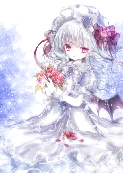 Anime picture 700x979 with touhou remilia scarlet himemurasaki single long hair tall image looking at viewer red eyes white hair girl dress flower (flowers) petals wings bonnet bouquet