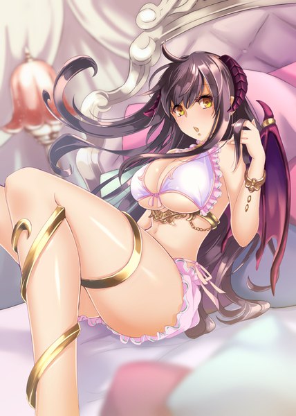 Anime picture 713x1000 with maou no hajimekata lirshana shintou single long hair tall image looking at viewer blush fringe breasts open mouth light erotic black hair hair between eyes large breasts sitting yellow eyes ahoge bent knee (knees) horn (horns)