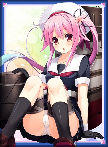 Anime picture 951x1295 with kantai collection harusame destroyer yuntea single long hair tall image looking at viewer blush open mouth light erotic red eyes sitting pink hair side ponytail girl skirt gloves underwear panties miniskirt