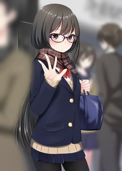 Anime picture 1488x2088 with original nekobaka long hair tall image looking at viewer blush fringe black hair hair between eyes standing brown eyes parted lips pleated skirt blurry depth of field solo focus waving girl skirt uniform