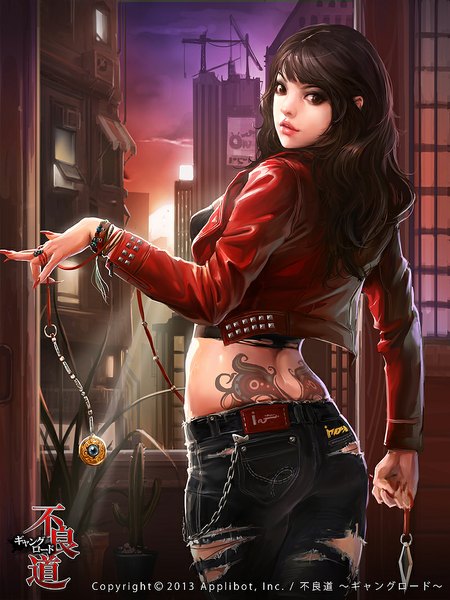 Anime picture 800x1067 with furyou michi ~gang road~ original tooboo (artist) single long hair tall image looking at viewer black hair brown eyes realistic open clothes open jacket tattoo torn clothes girl jacket bracelet pendant building (buildings) jeans