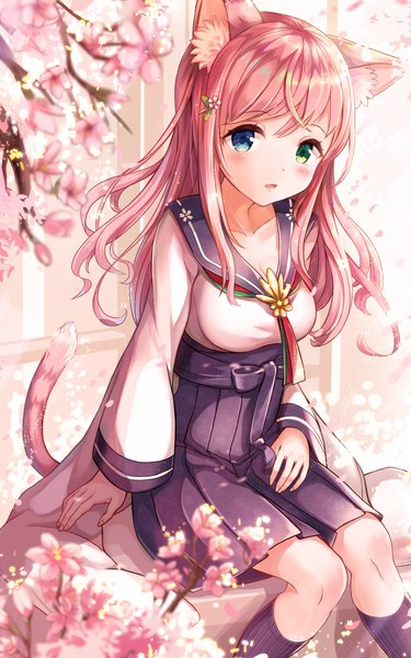 イラスト 938x1500 と オリジナル 桜あに ソロ 長髪 長身像 カメラ目線 赤面 前髪 開いた口 青い目 hair between eyes 座る 緑の目 獣耳 payot ピンク髪 尻尾 long sleeves parted lips animal tail