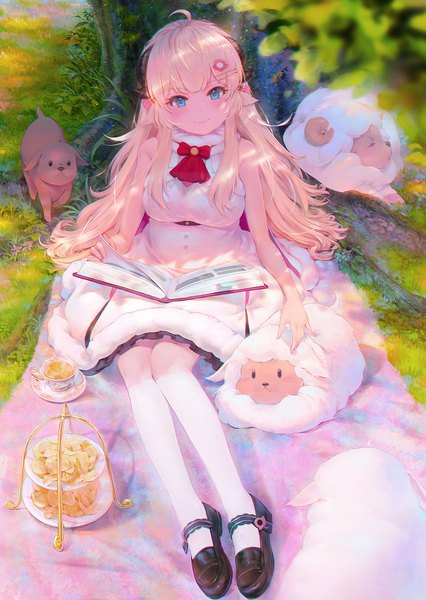 Anime picture 1654x2330 with virtual youtuber hololive tsunomaki watame tsunomaki watame (1st costume) watamate andychen single long hair tall image looking at viewer blush blue eyes blonde hair smile sitting full body ahoge outdoors sleeveless against tree