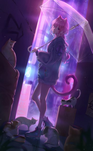 Anime picture 1861x3000 with original soo ou single long hair tall image looking at viewer blush fringe highres hair between eyes standing holding animal ears payot pink hair full body outdoors tail long sleeves animal tail