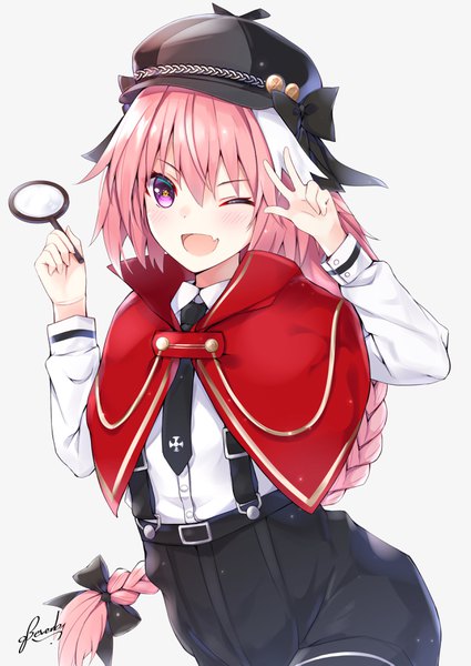 Anime picture 2508x3541 with fate (series) fate/apocrypha astolfo (fate) bee doushi single long hair tall image looking at viewer blush fringe highres open mouth simple background smile hair between eyes purple eyes pink hair braid (braids) one eye closed multicolored hair