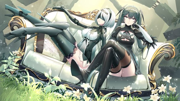 Anime picture 1600x900 with nier nier:automata punishing: gray raven yorha no. 2 type b alpha (punishing: gray raven) silveroid long hair looking at viewer fringe short hair breasts light erotic hair between eyes wide image large breasts sitting twintails multiple girls green eyes payot