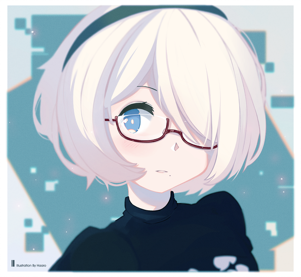 Anime picture 2000x1843 with nier nier:automata yorha no. 2 type b haaro single blush fringe highres short hair blue eyes looking away parted lips hair over one eye mole border portrait mole under mouth bespectacled aqua background girl