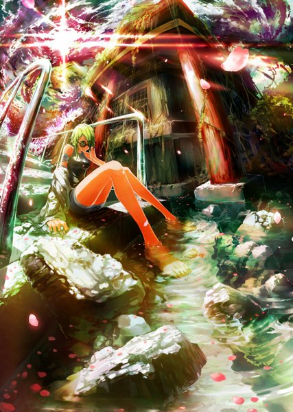 Anime picture 1067x1500 with vocaloid gumi ko2915277ok single tall image short hair smile sitting green eyes sky cloud (clouds) barefoot sunlight girl plant (plants) detached sleeves petals water glasses building (buildings)
