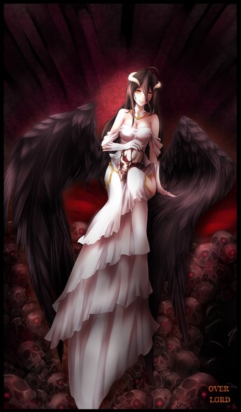 Anime picture 1400x2392 with overlord (maruyama) madhouse albedo (overlord) sen-jo ayatsuki single long hair tall image looking at viewer fringe breasts black hair smile hair between eyes red eyes large breasts sitting bare shoulders signed yellow eyes cleavage