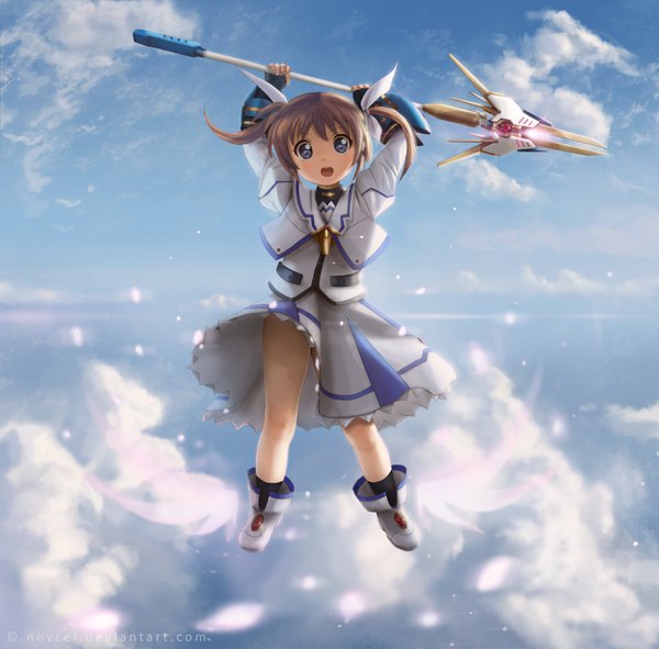Anime picture 2800x2760 with mahou shoujo lyrical nanoha takamachi nanoha novcel single looking at viewer highres short hair open mouth blue eyes light erotic brown hair twintails signed sky cloud (clouds) long sleeves arms up skirt flip midair girl