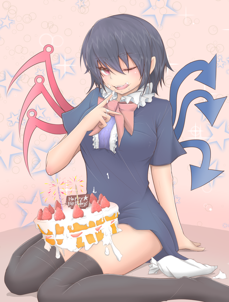 Anime picture 1272x1678 with touhou houjuu nue cube85 single tall image looking at viewer breasts light erotic black hair red eyes sitting one eye closed arm support short sleeves no shoes zettai ryouiki thighs wariza pink background happy birthday