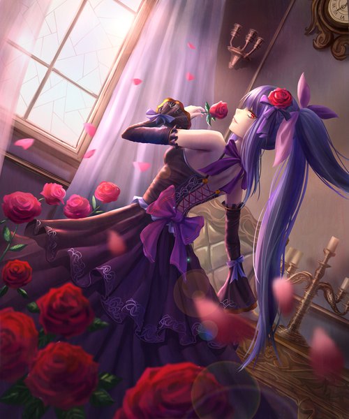 Anime picture 833x1000 with original yuzuriha (artist) single long hair tall image looking at viewer fringe red eyes bare shoulders holding payot purple hair ponytail indoors parted lips profile looking back hair flower arm up wind