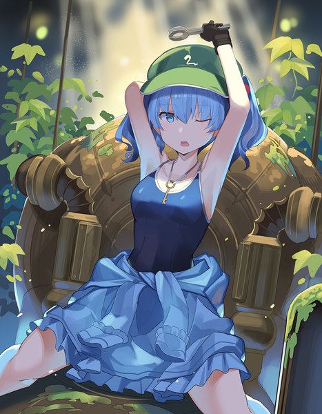Anime picture 992x1275 with touhou kawashiro nitori rin falcon single tall image fringe short hair blue eyes hair between eyes sitting twintails blue hair one eye closed arms up armpit (armpits) short twintails clothes around waist girl swimsuit plant (plants)